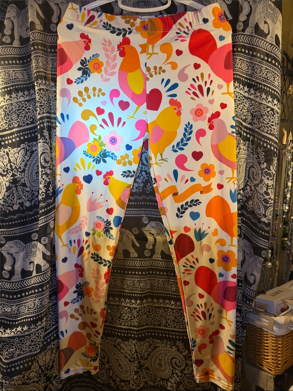 Colorful Rooster Print Leggings - White Multicolor size L